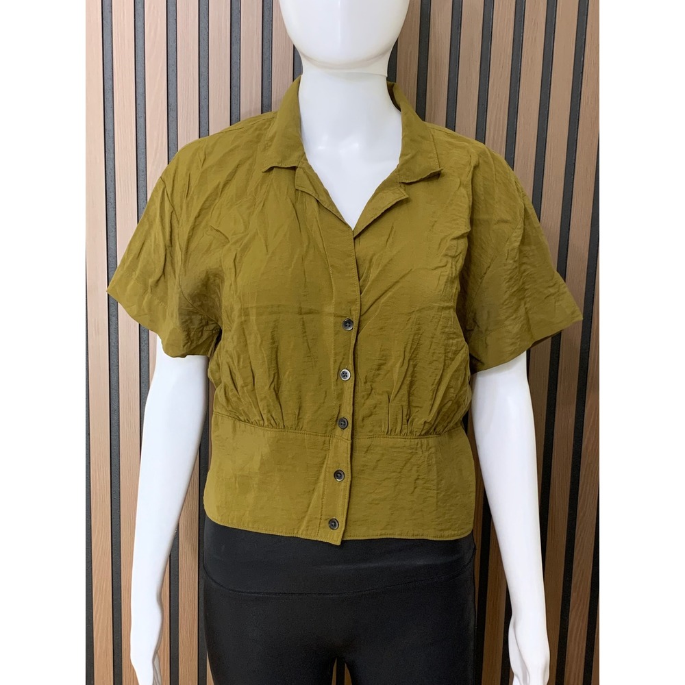 Madewell Women's Olive Green Smocked Waist Short Sleeve Button Up Blouse Top L